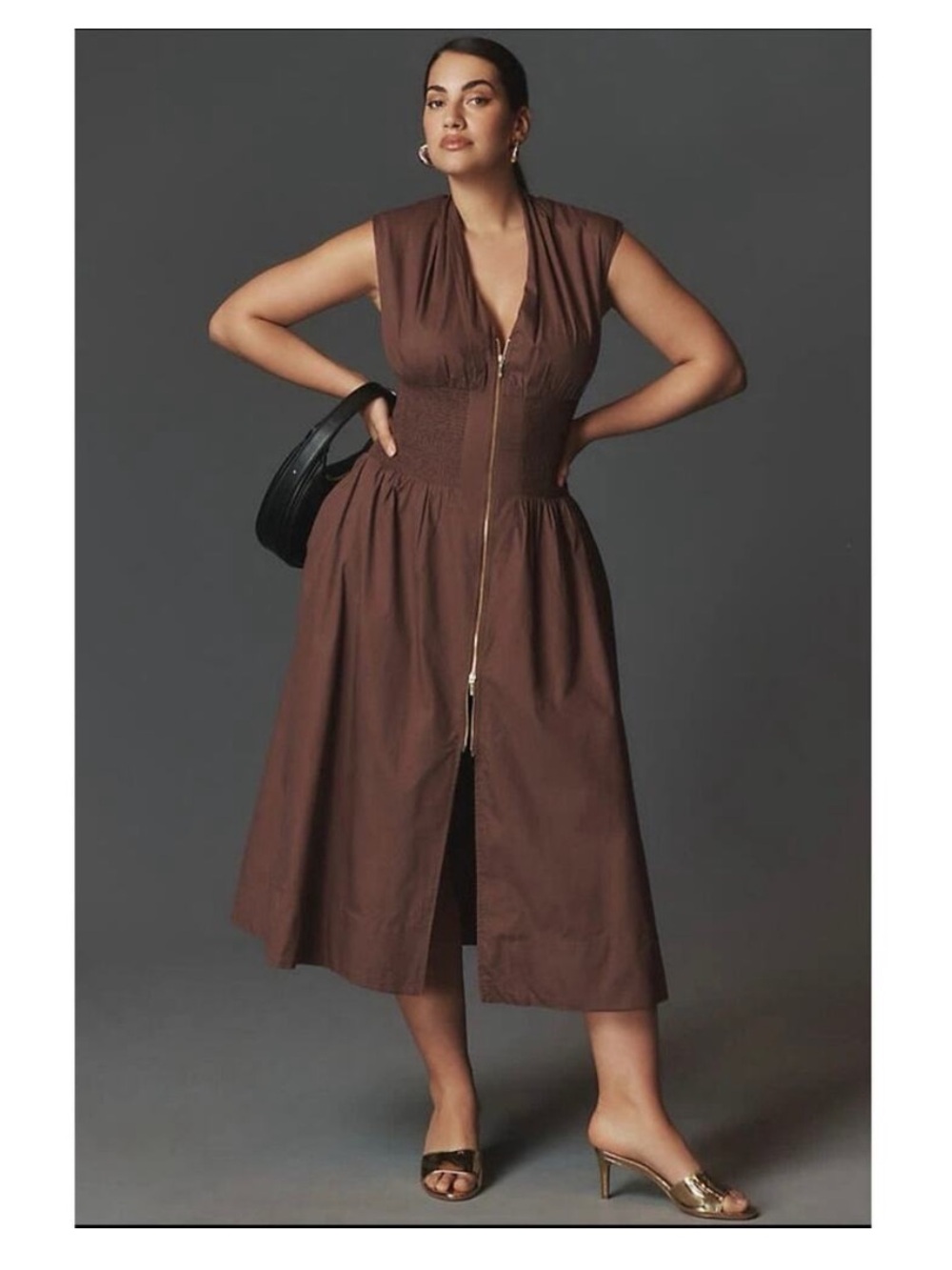 Anthropologie The Tommie Zip-Front Midi Dress Brown Size 2X